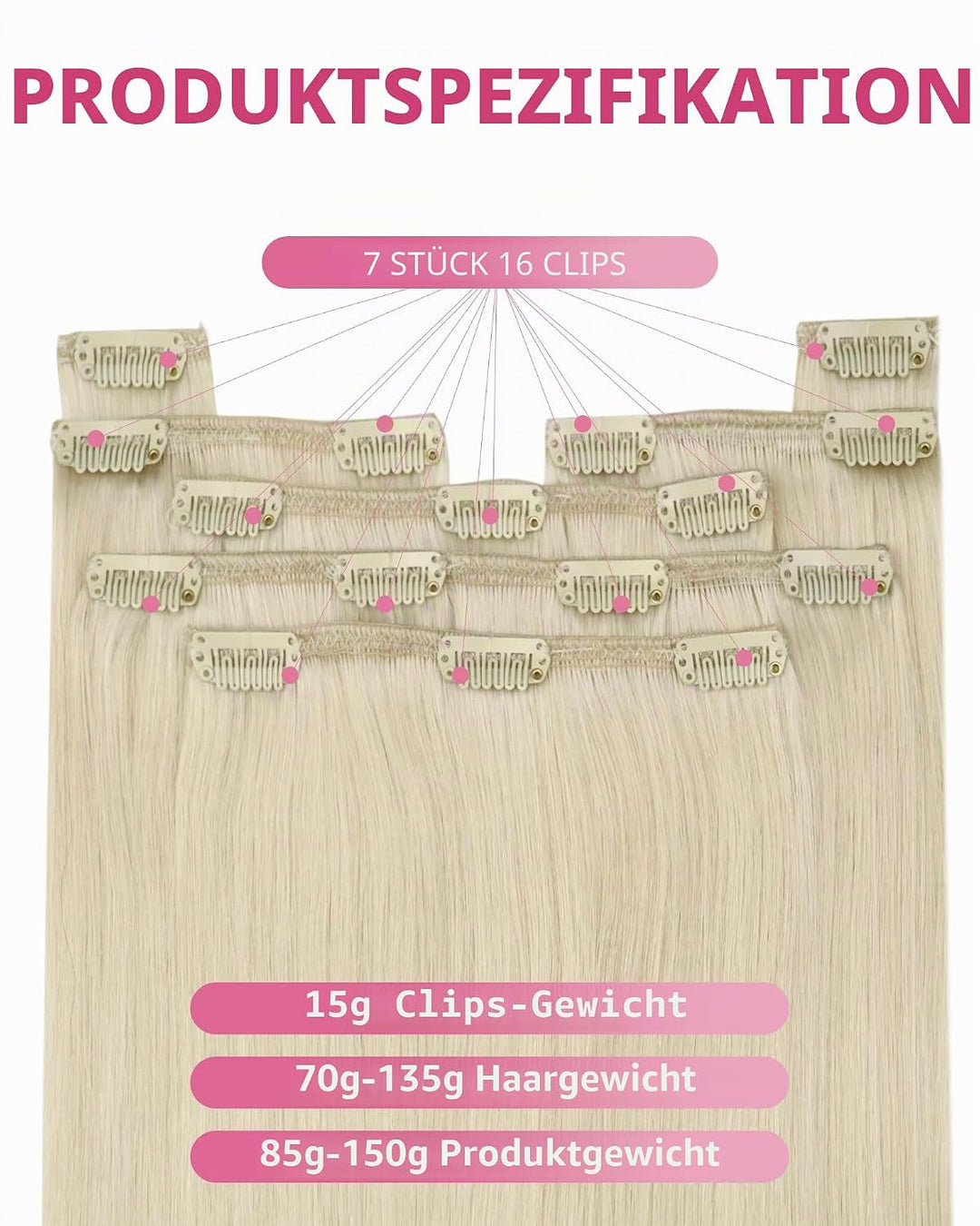 YoungSee Echthaar Extensions Clip Platinblond 35cm Clip Echthaar Extensions Clip in Extensions Echth
