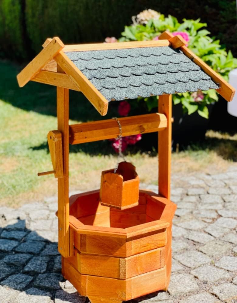Grosser achteckiger Gartenbrunnen aus Holz, braun/grün, Höhe 84 cm, für Garten/Aussenbereich, lasier