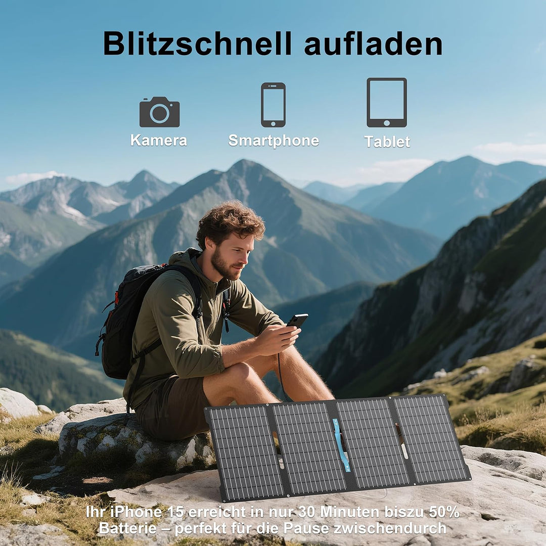 60W Faltbares Solarladegerät Tragbar, Monokristallin mit 24% Wirkungsgrad, IP67 Wasserdicht, 3 Ausgä
