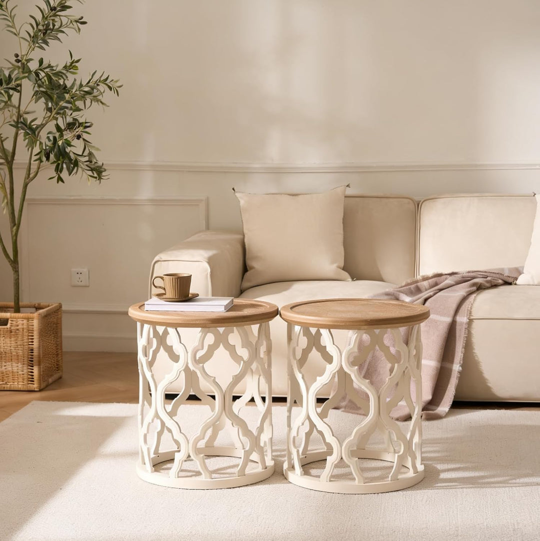 Couchtisch Rund 2er-Set, Beistelltisch Holz mit Durchbrochene Tischbeine,Moderner Couchtisch mit erh