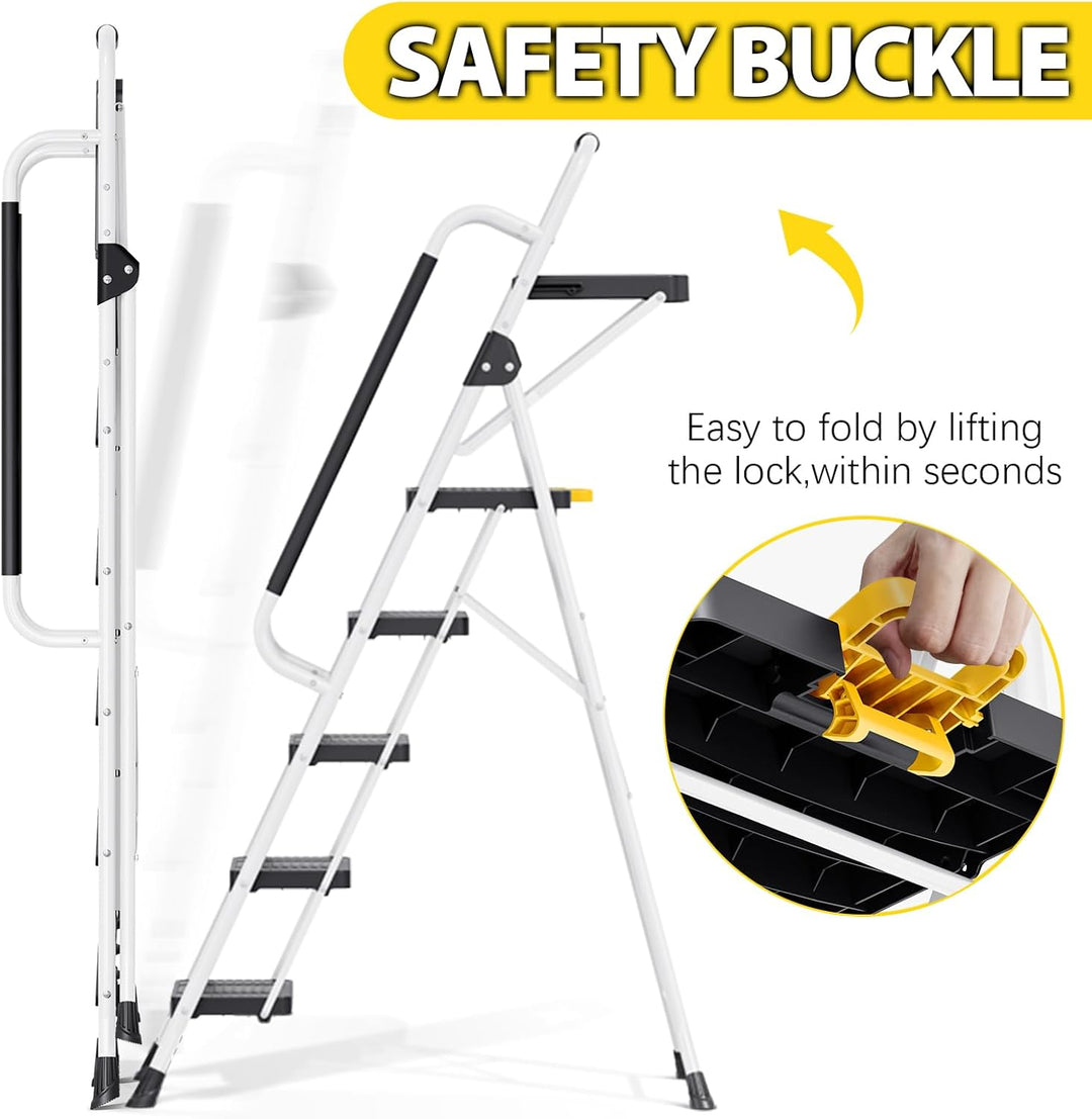 KINGRACK Trittleiter 5 Stufen klappbar, Leiter 5 Stufen 360 kg Tragfähigkeit, mit Werkzeugtray, Hand