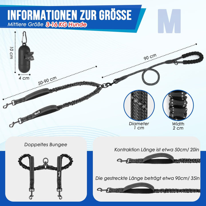 Eyein Doppelleine für 2 Hunde, Hundeleine für kleine und mittelgrosse Hunde, Flexible und reflektier