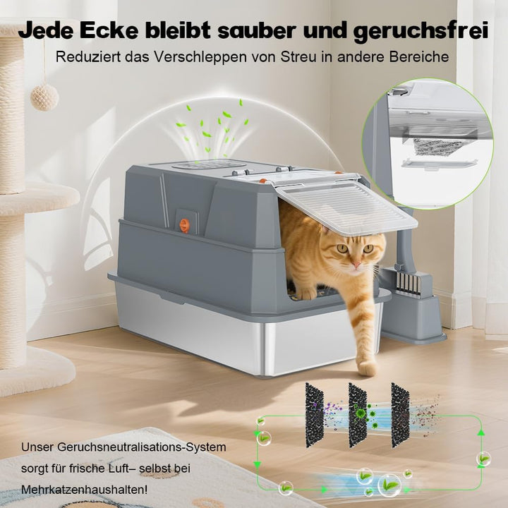 SZEE XL Edelsthal Katzenklo mit 180° Klappdeckel, Grosse Geschlossene Katzentoilette Edelstahl mit D