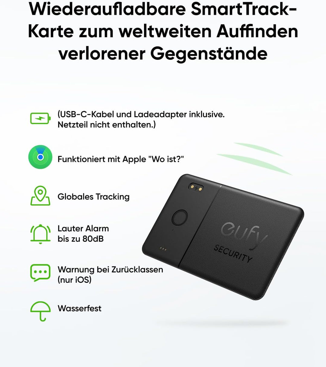 eufy SmartTrack-Karte E30 (Schwarz, 1er-Pack), Wiederaufladbar, Funktioniert mit Apple Wo ist? (nur