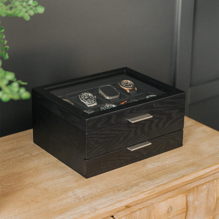 CASE ELEGANCE Uhrenbox mit 8 Fächern für Herren, schwarz, Uhrenvitrine, modulares Valet-Tablett, App