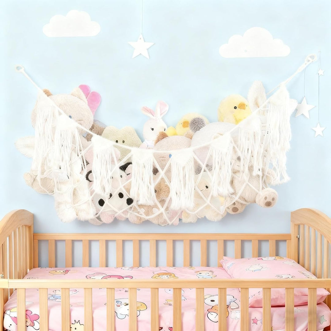 Stuffed Animal Net, Plush Toy Hammock, Boho Wall Storage | Interactive Heavy Duty Mesh Organizer for