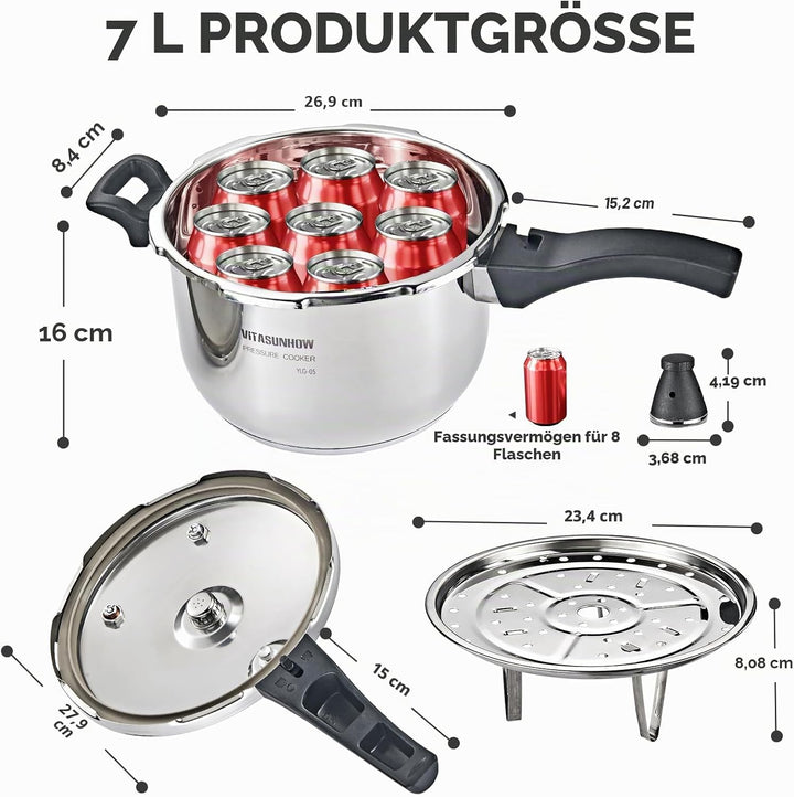 Schnellkochtopf aus Edelstahl, Induktionskompatibel, gleichmässige Wärmeverteilung, für Schnellkocht