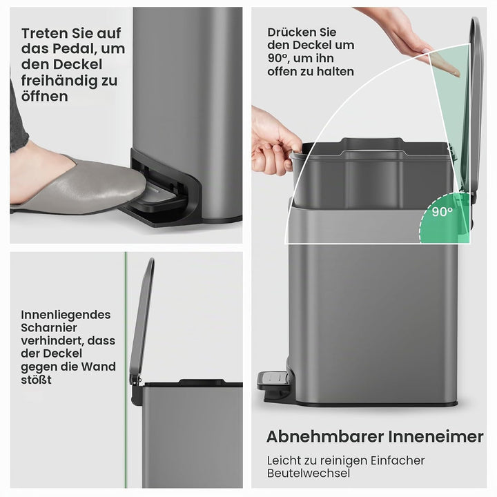 Cesun Kleiner Badezimmer-Mülleimer mit Deckel, Absenkautomatik, Trittpedal, 6 Liter, Edelstahl-Mülle