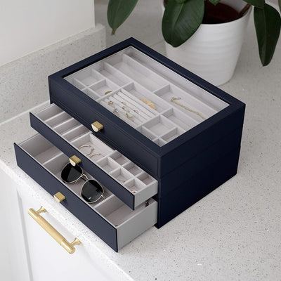 Stackers Navy Pebble Supersize Jewellery Box - Set of 3 (with Drawers), Navy