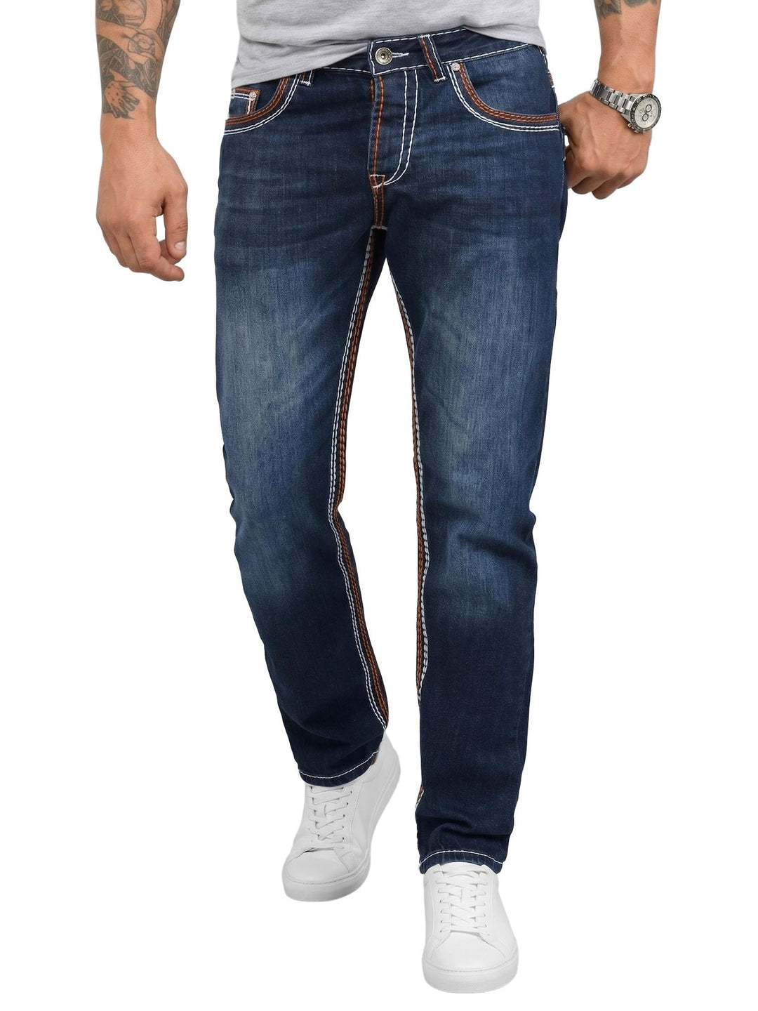 Rock Creek Herren Designer Jeans Hose Dicke Nähte Vintage Blau RC-2056 29W / 30L Dunkelblau - Rc-216