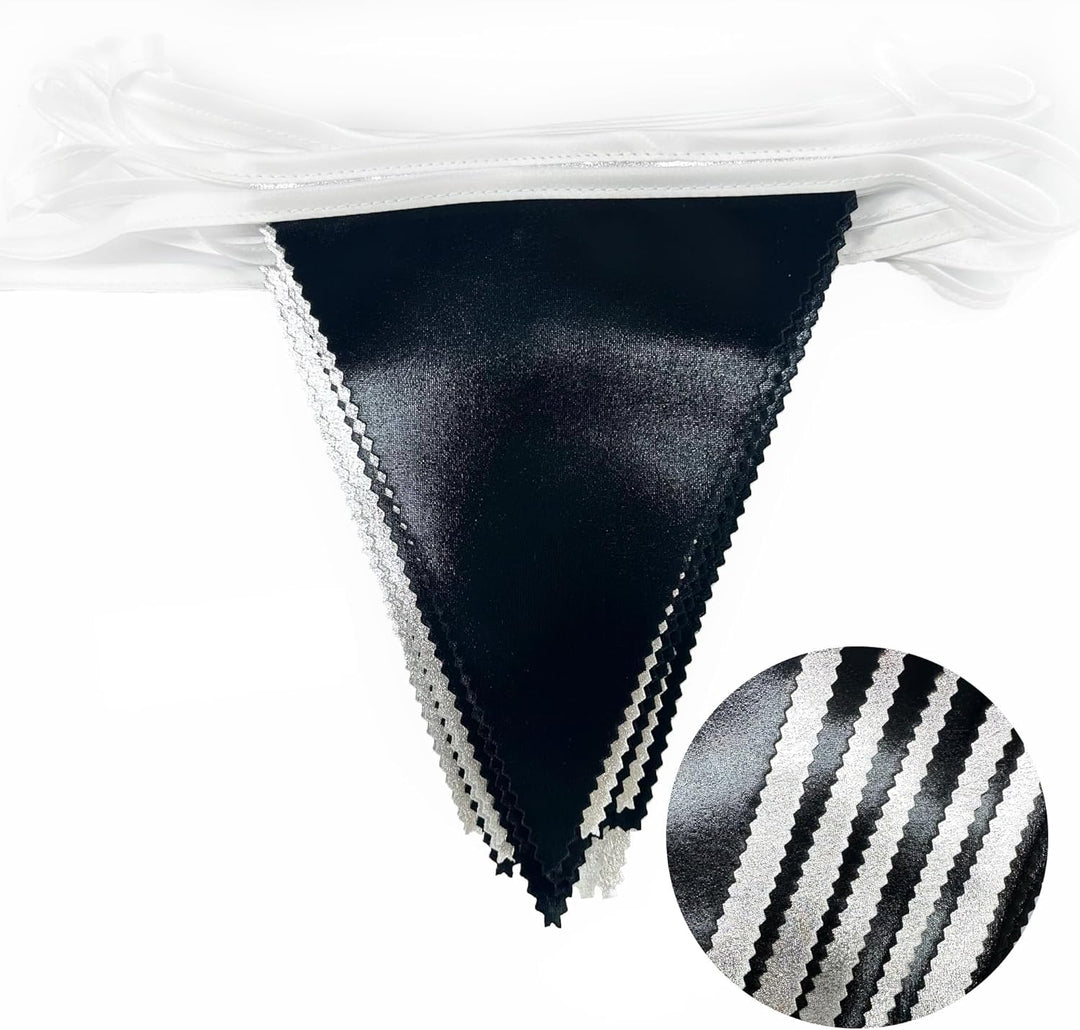 32Ft Schwarze und Silberne Partydekorationen Dreieckiges Wimpelbanner aus Metallischem Stoff Girland