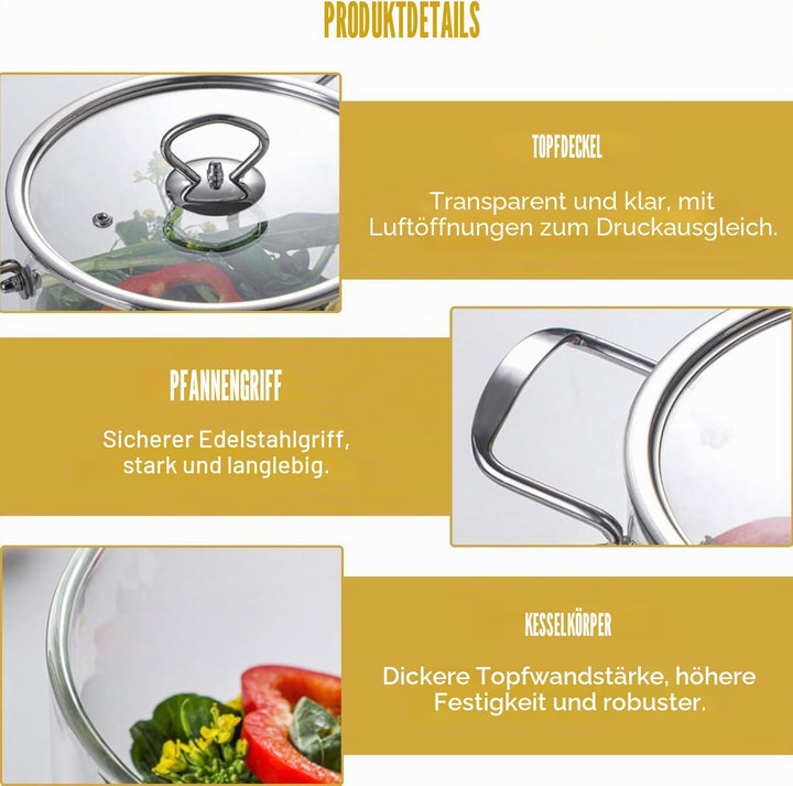 Köcheltopf aus klarem Glas mit Deckel 4. 5 l hitzebeständiger Herdtopf mit Edelstahlgriffen, Kochges