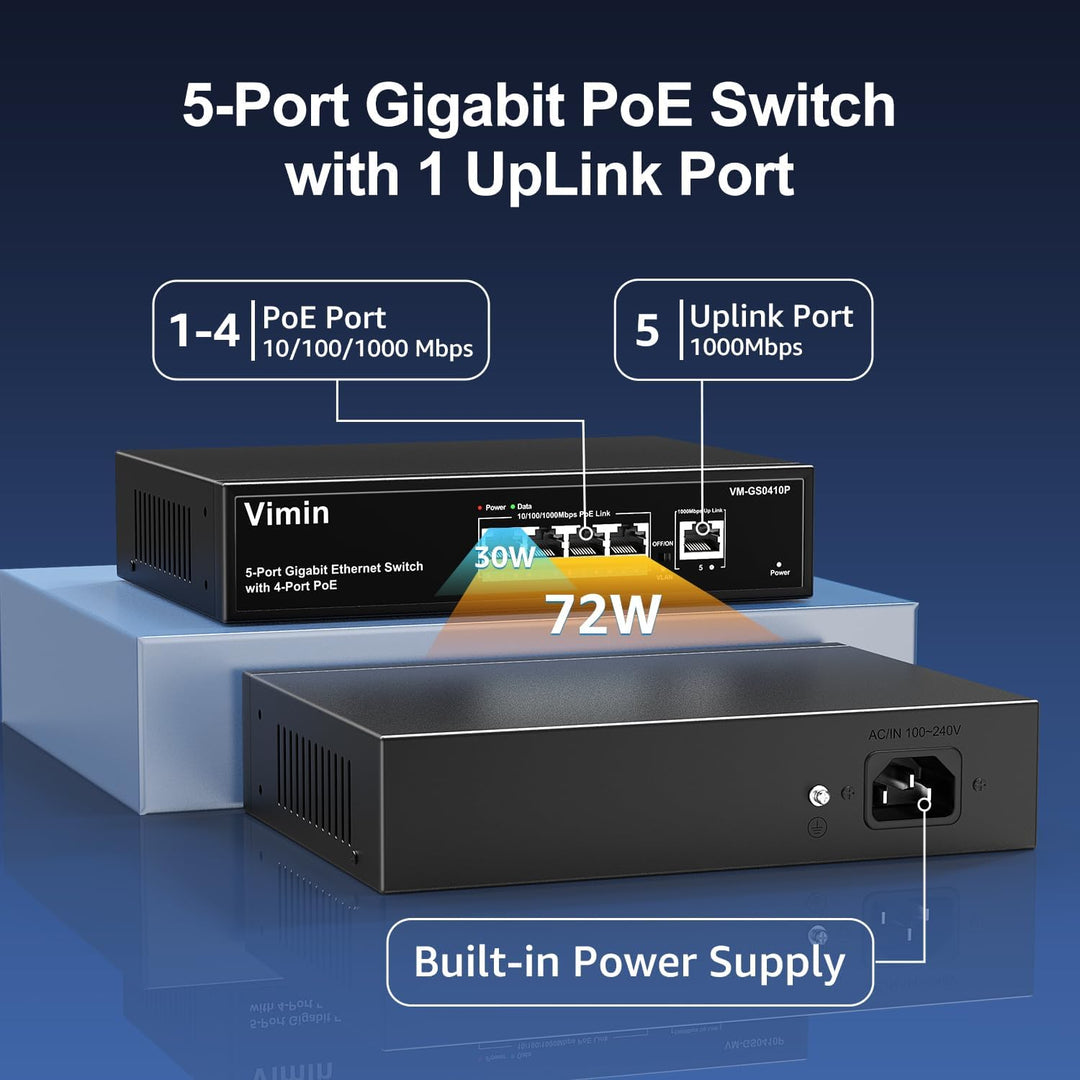 VIMIN 4-Port Gigabit PoE Switch mit 1 Uplink Gigabit Port, 5-Port Unmanaged Ethernet PoE Switch mit