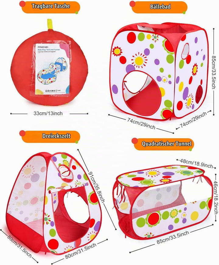 MAIKEHIGH 4 in 1 Kinder Spielzelt mit Tunnel, Pop Up Kinderzelt krabbeltunnel Baby Bällebad Zelt Fal