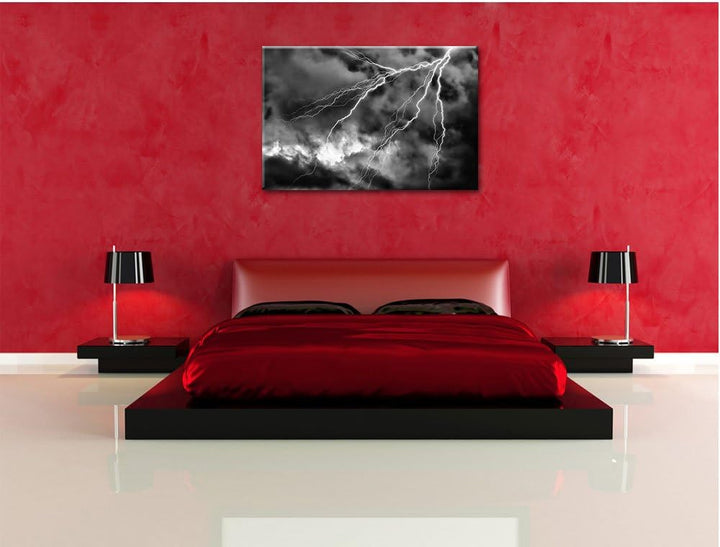 Monocrome, Blitze, Format: 100x70 auf Leinwand, XXL riesige Bilder fertig gerahmt mit Keilrahmen, Ku