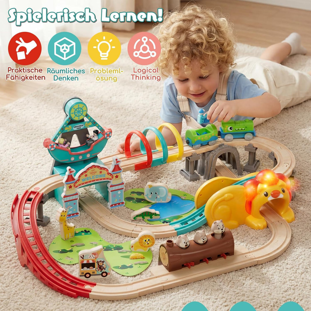 Lehoo Castle Holzeisenbahn, Dinosaurier Lokomotive, Freizeitpark Holz Eisenbahn Kinder mit Löwentunn