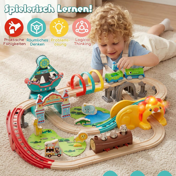 Lehoo Castle Holzeisenbahn, Dinosaurier Lokomotive, Freizeitpark Holz Eisenbahn Kinder mit Löwentunn