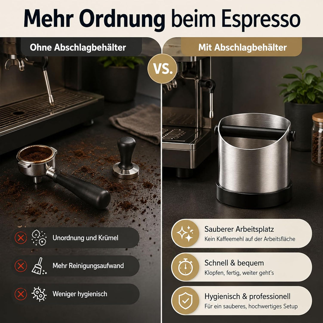 URMONA Siebträger-Abklopfbehälter 1,3L Edelstahl Knock Box Kaffeezubehör | Farbvariante Silber, abne