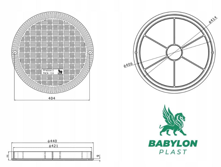 BABYLONPLAST Schachtabdeckung, Kanaldeckel, DN400, Kunststoff Schachtdeckel 15 kN - Passend für Ø400