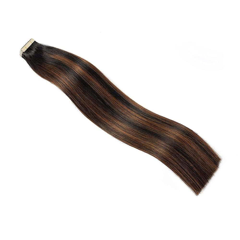 HotLulana Tape Extensions Echthaar Omber Off-Black Hellbraun Gemischt 20stück 40g 16zoll (40cm) 100%