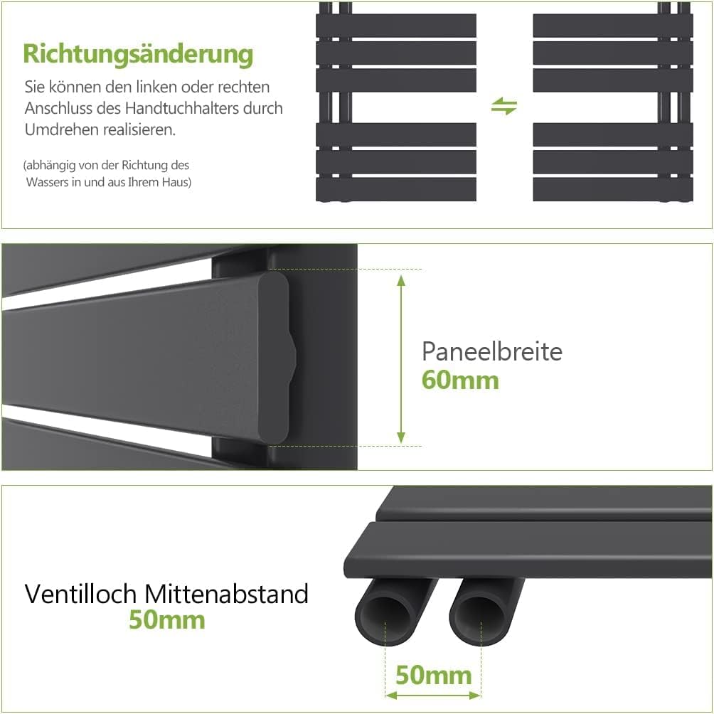 S'AFIELINA Badheizkörper Paneel Heizkörper Bad 1320x500mm Handtuchheizkörper mit Mittelanschluss 695