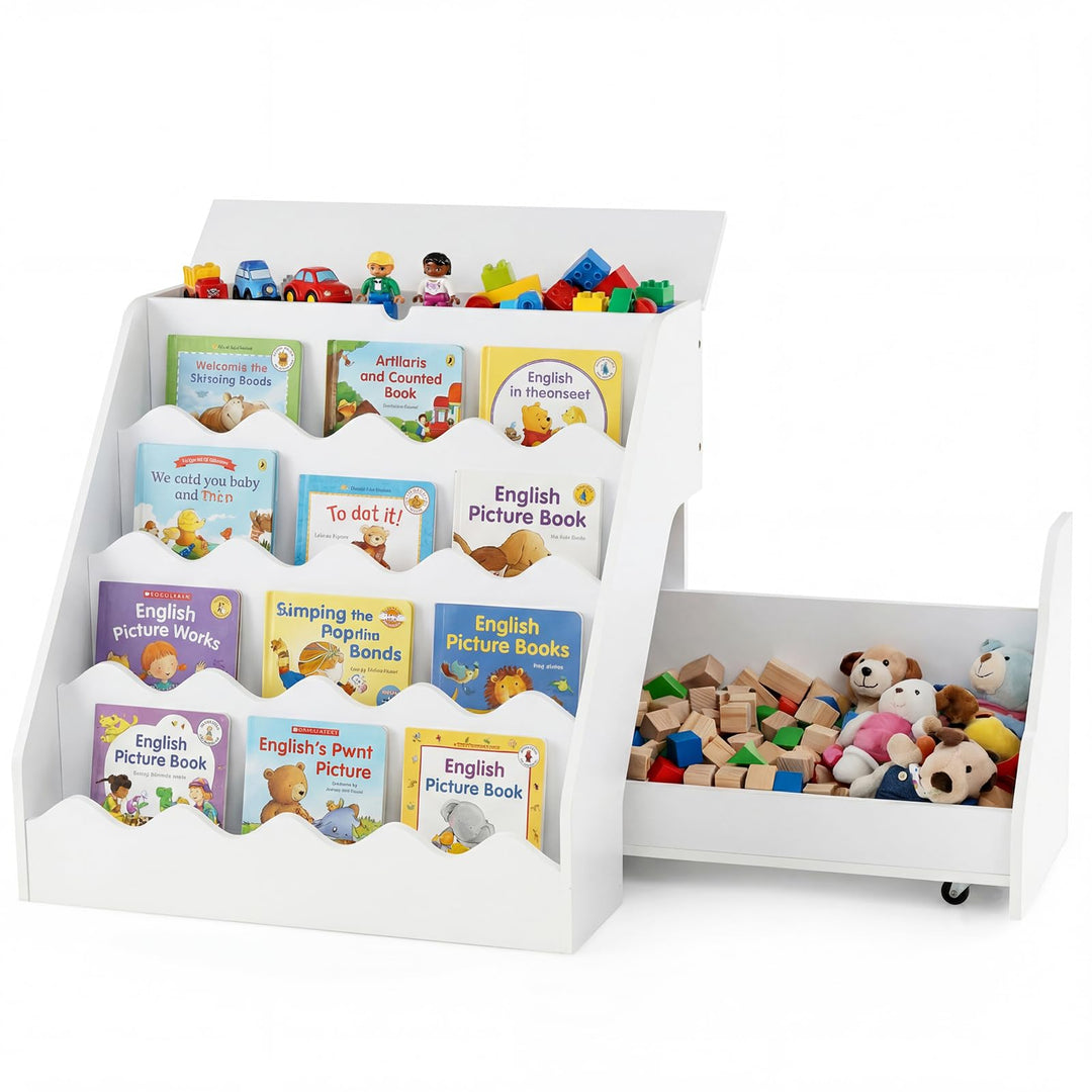 COSTWAY 4 stufiges Kinder Bücherregal, Kinderregal mit aufklappbaren Fach & Schublade auf Rollen, Sp