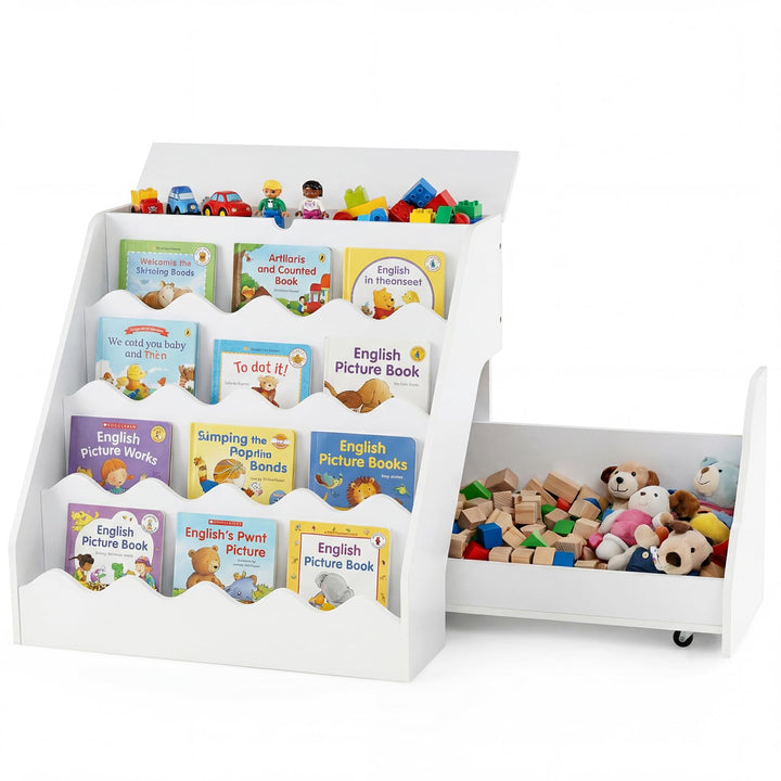 COSTWAY 4 stufiges Kinder Bücherregal, Kinderregal mit aufklappbaren Fach & Schublade auf Rollen, Sp