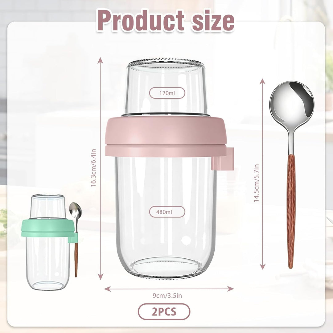 Müslibecher to Go, 480ml+120ml Overnight Oats Gläser, Doppelschicht Joghurtbecher Mit Edelstahlöffel