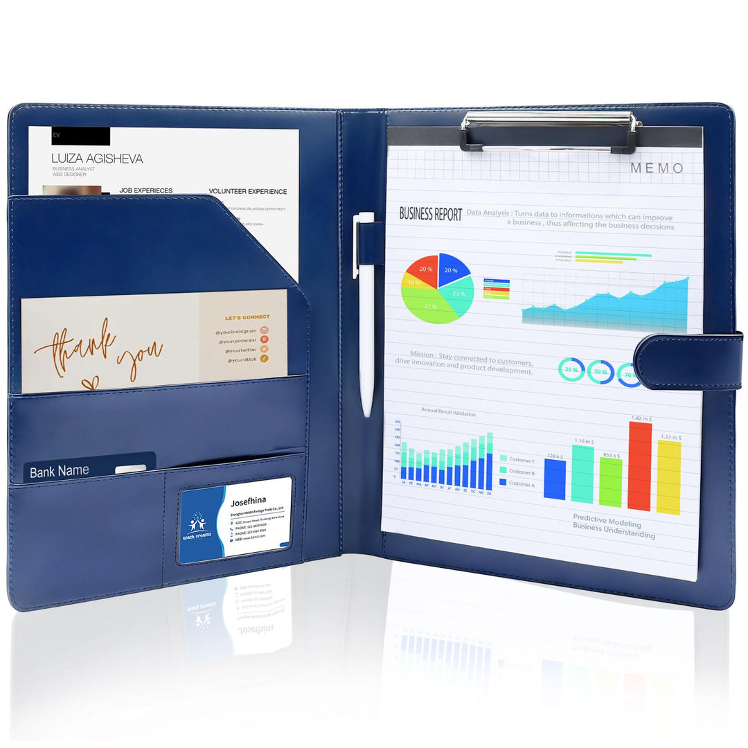 Klemmbrettmappe, PU-Leder Klemmbrett A4 mit Deckel mit Dokumentenmappe Notizblock Blau, Blau