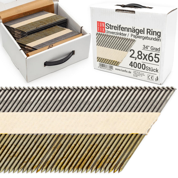 34° Ringschaftnägel 2,8x65 mm aus Stahl unverzinkt, papiergebunden auf Streifen – Packung 4000 Stk.