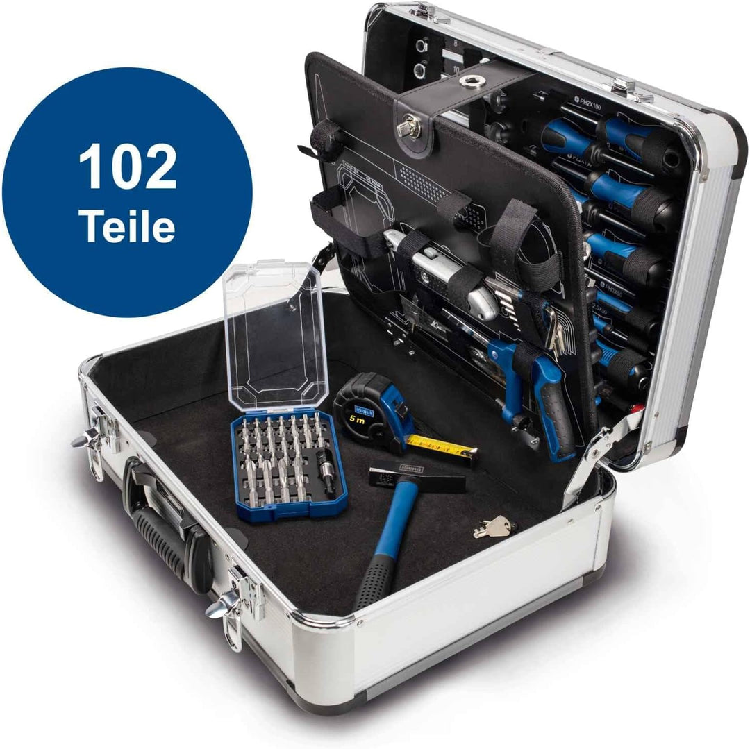 Scheppach TB150 Aluminium Werkzeugkoffer gefüllt 101-tlg Werkzeug Set | Werkstattkoffer mit Schraube