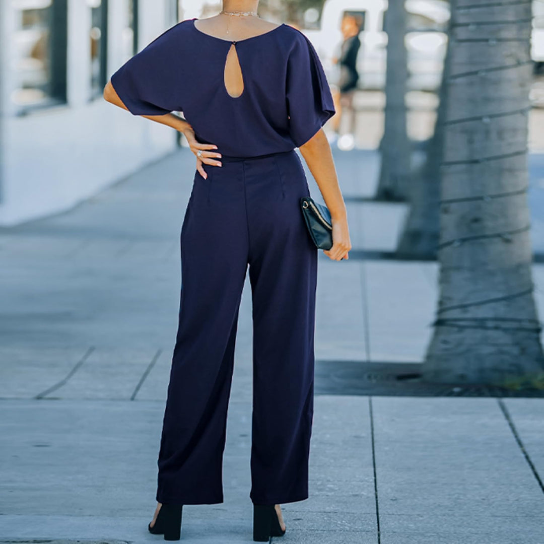 Damen Lang Jumpsuit Overall Hosenanzug Elegant Romper Kurzarm Rundhals Playsuit mit Gürtel Hosenanzu