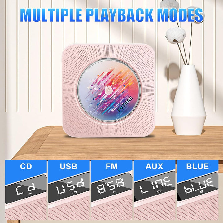 Tragbarer CD-Player für Zuhause, HoneTeek persönlicher CD-Player mit Bluetooth, Lautsprecher, Musik-