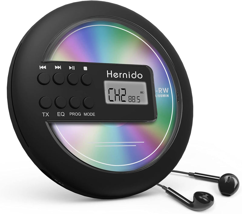 Hernido Tragbarer CD-Player für Auto, kompakter CD Player mit FM-Transmitter, USB wiederaufladbarer