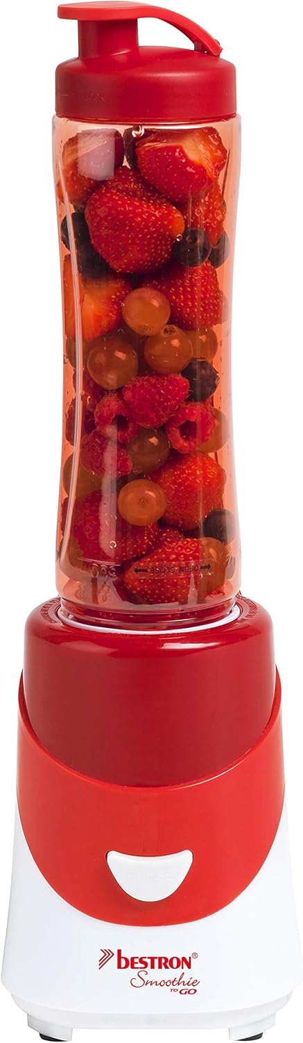 Bestron Smoothie Maker mit Mix-/Trinkbecher, 600 ml, 300 Watt, Rot Smoothie Maker + Trinkbecher Rot,