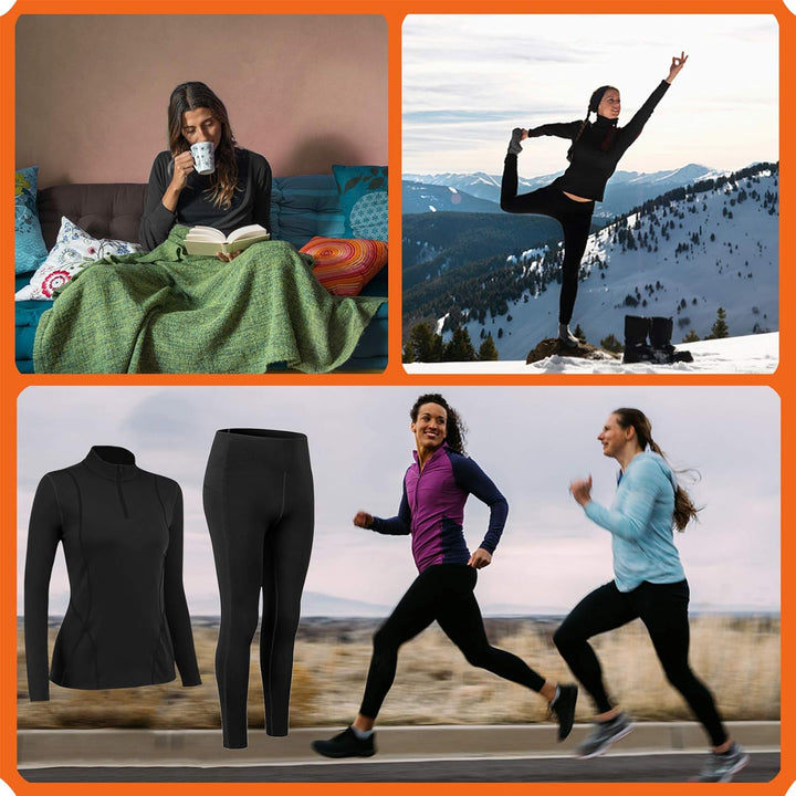 Thermounterwäsche Damen mit Winddichter Stehkragen, Thermowäsche Set Thermo Unterwäsche Skiunterwäsc