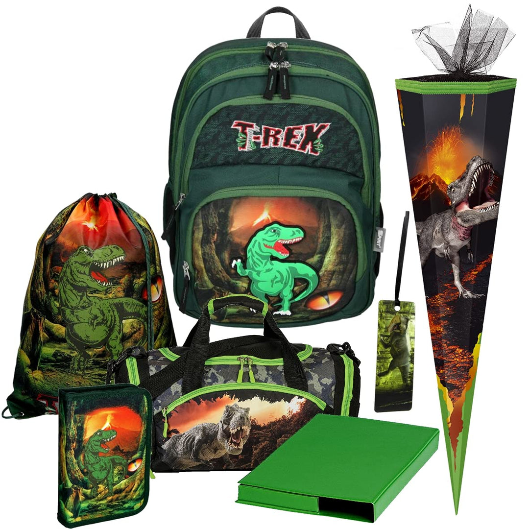 Primus-Versand T-REX - Dinosaurier - SPIRIT Soft 3D - Schulranzen-Set 7 tlg. mit FEDERMAPPE, SPORTTA