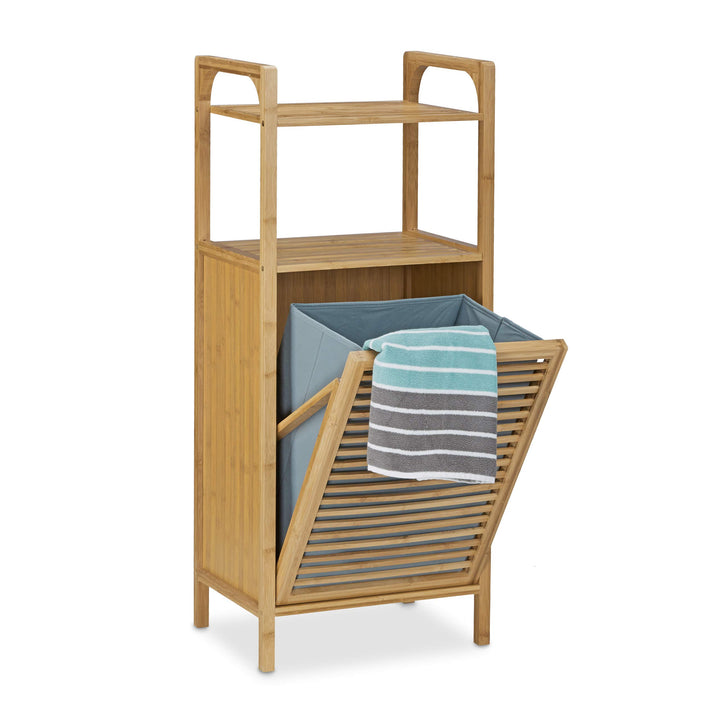 Relaxdays Badregal mit Wäschekorb aus Bambus HBT 95 x 40 x 30 cm Badschrank mit 2 Ablagen für Badacc