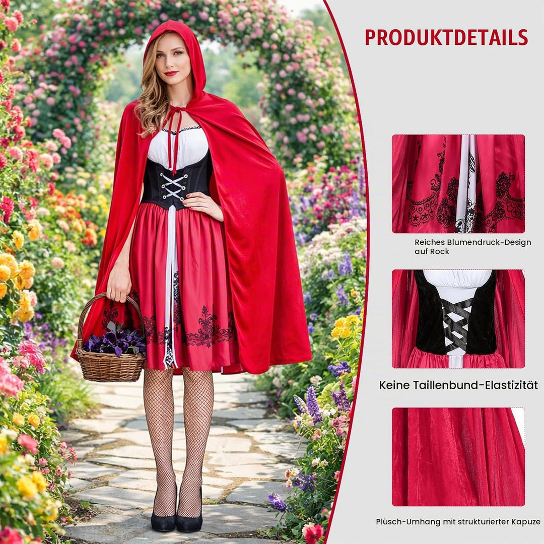 Rotkäppchen Kostüm Damen, Rotkäppchen Umhang mit Kleid und Schwarze Strümpfe, Märchen Kostüm Damen G