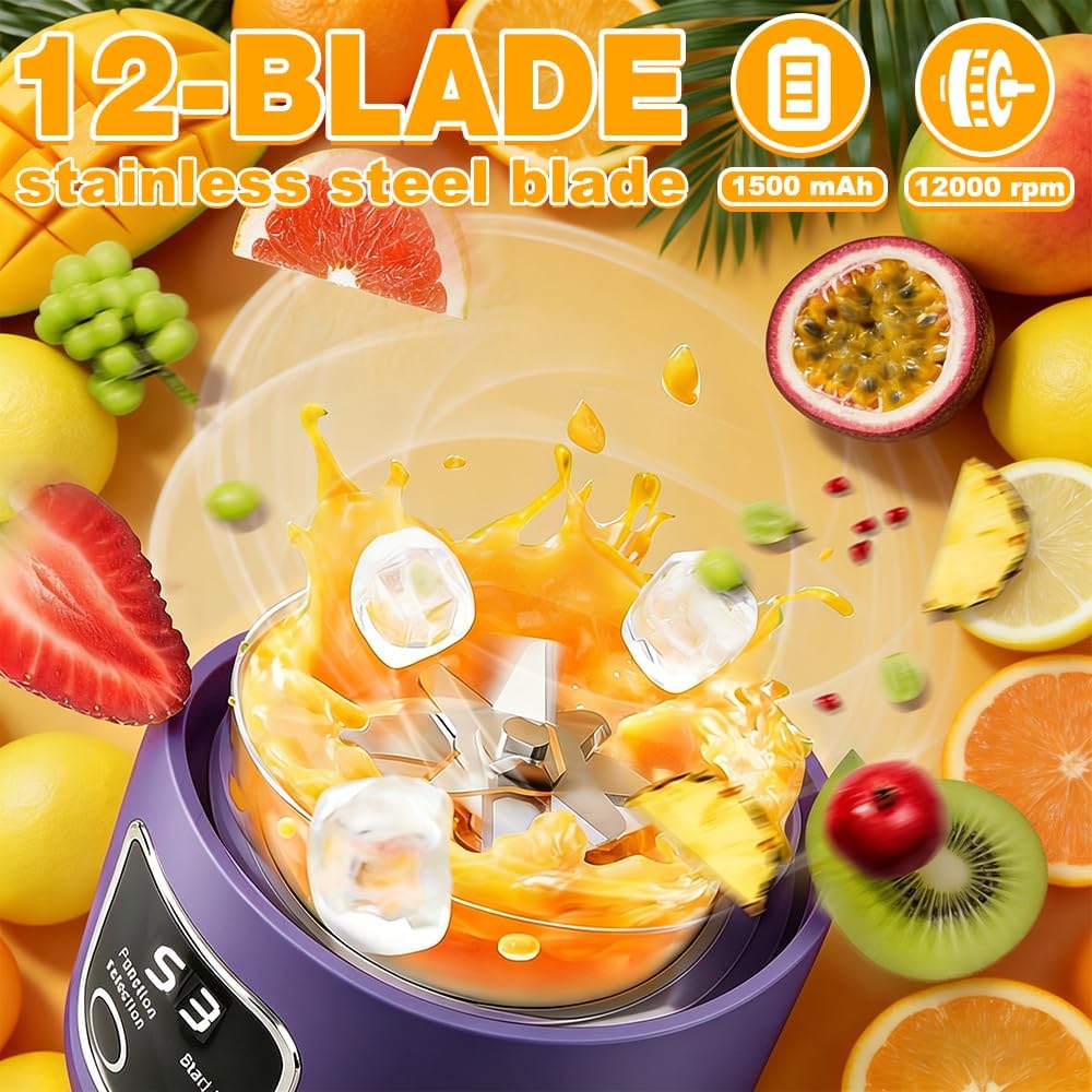 Mixer Smoothie Maker To Go, 450ML Tragbarer Mixer, 1500mAh Portable Blender mit LED 12 Klingen, Mini