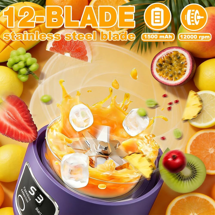 Mixer Smoothie Maker To Go, 450ML Tragbarer Mixer, 1500mAh Portable Blender mit LED 12 Klingen, Mini