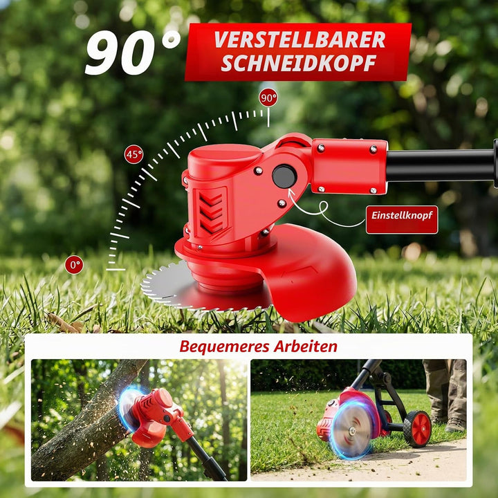 Rasentrimmer mit Akku 21V,4 in 1 Rasenkantenschneider mit 2 × 2,0 Ah Batterie und Ladegerät,90°Drehk