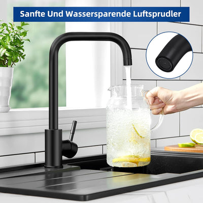 CECIPA Niederdruck Armatur Küche Schwarz, Wasserhahn Küche Schwarz mit 3 x G3/8 Anschlussschläuchen,