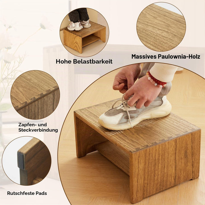 KIRIGEN Tritthocker Holz, Holzhocker, Holzschemel aus Massivholz | 2 Stufen · Stauraum · Handarbeit