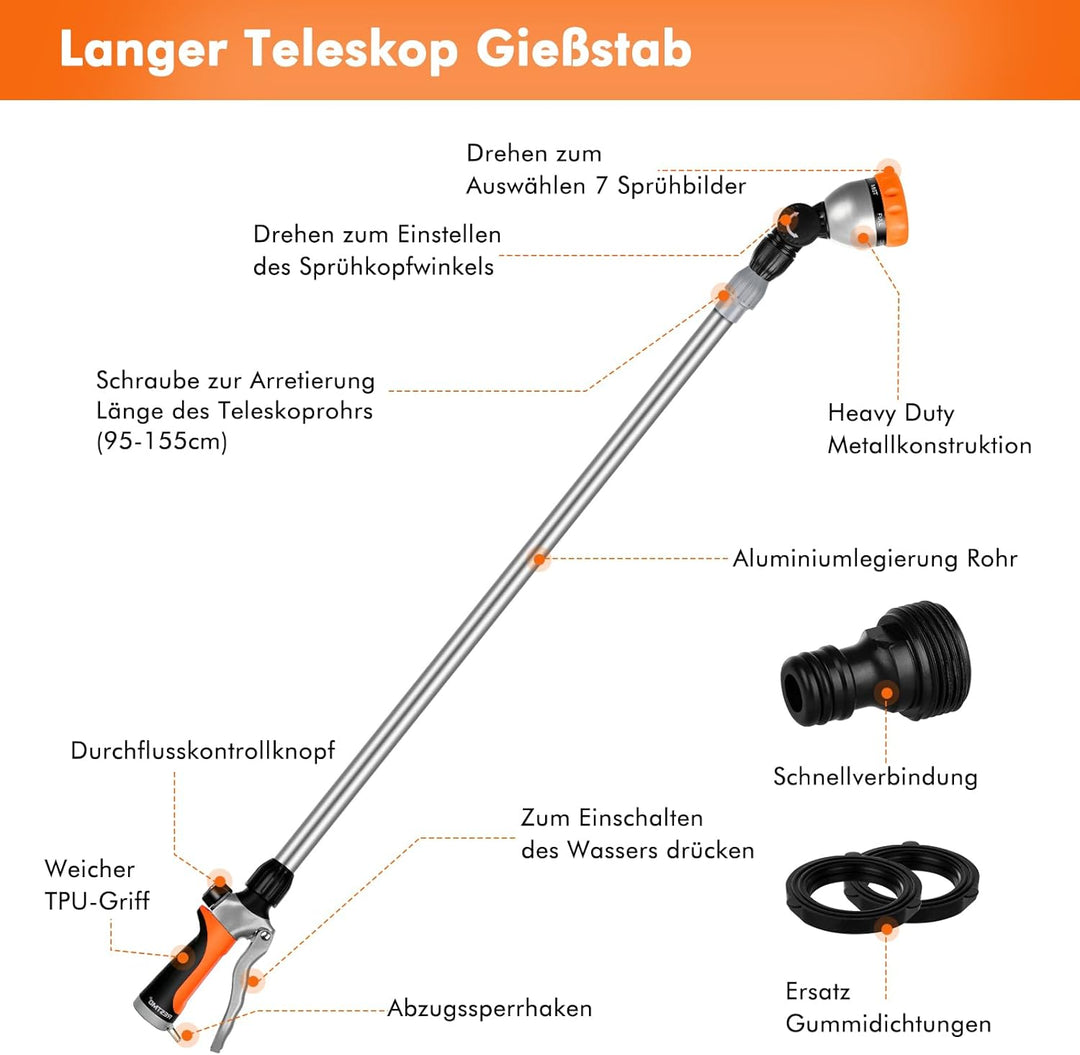 RESTMO Langer Teleskop Giessstab 92-152 cm, Lang Gartenbrause Metall mit 180° schwenkbaren Kopf, 7 S