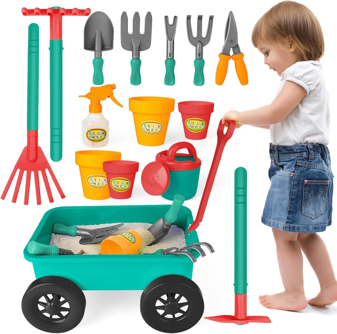 deAO Gartenset mit Schubkarre Kinder, Schaufel, Rechen, Blumentöpfe, Giesskanne Usw, 14PCS Kinder Ga