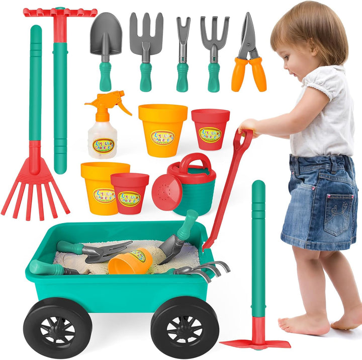deAO Gartenset mit Schubkarre Kinder, Schaufel, Rechen, Blumentöpfe, Giesskanne Usw, 14PCS Kinder Ga