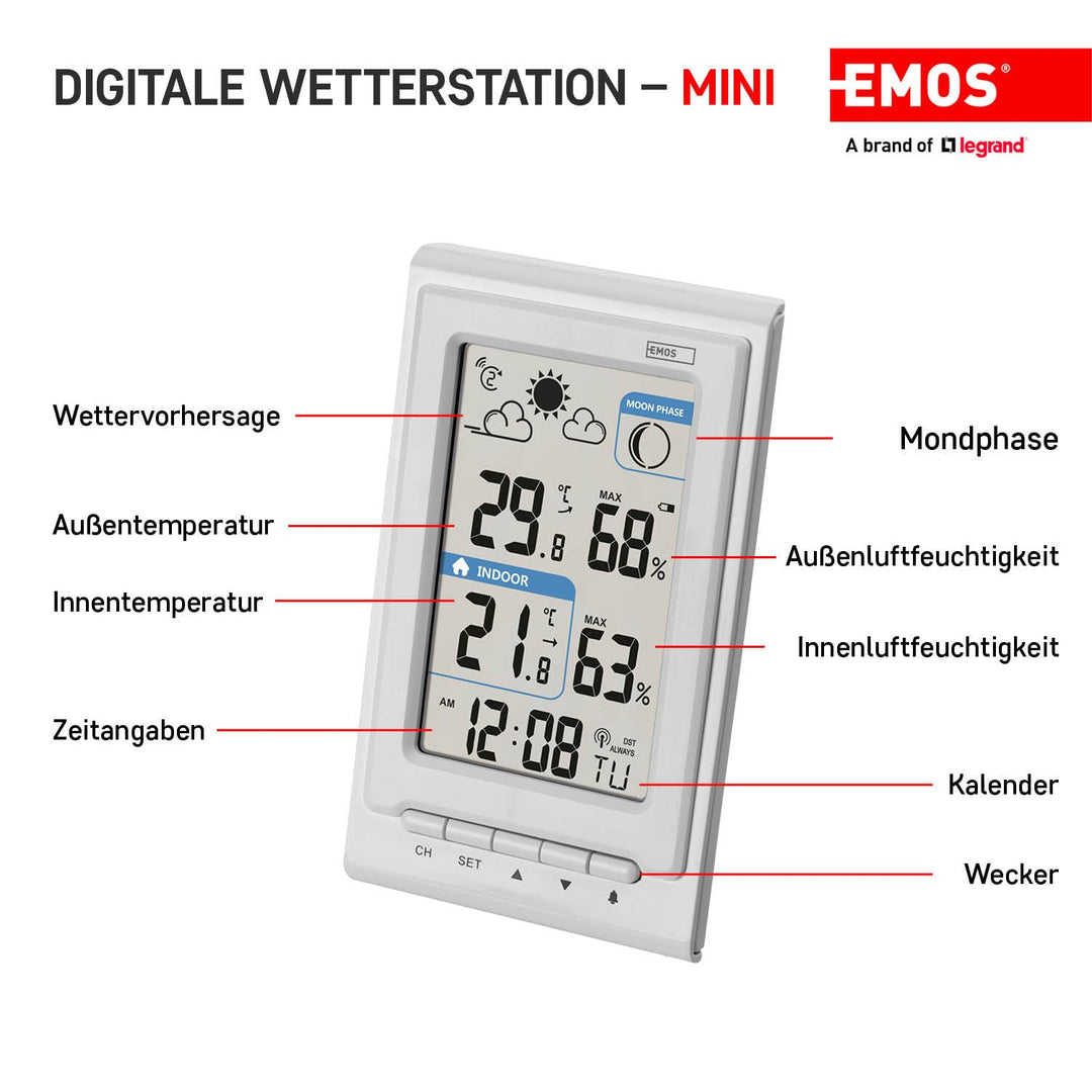 EMOS Mini Funk-Wetterstation mit Aussensensor, misst Innen- und Aussentemperatur, Feuchtigkeit, Wett