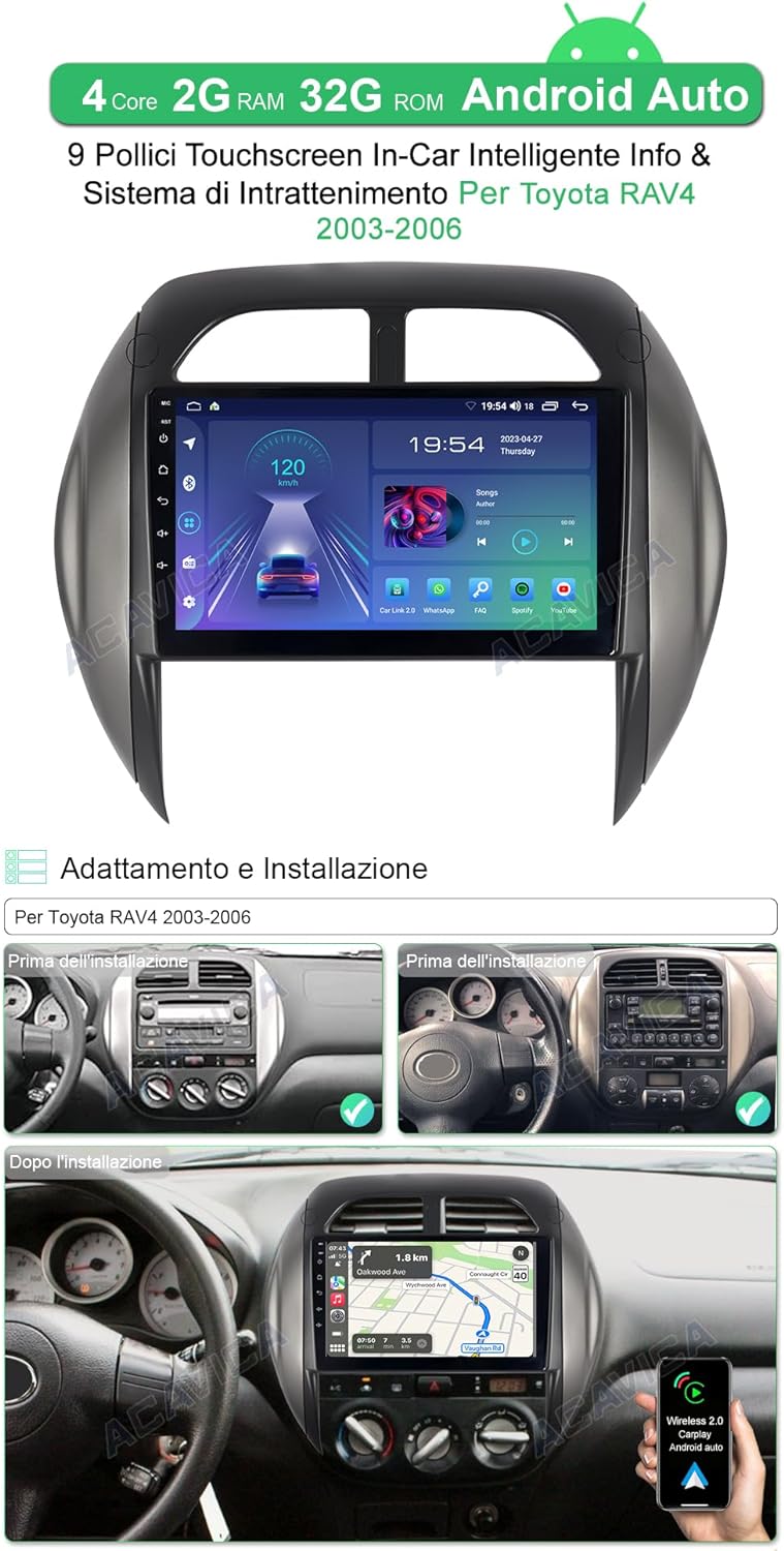 ACAVICA 2+32GB 9 Zoll Android 12 Radio für Toyota RAV4 2003-2006 GPS Navigator Sat NAV mit Wireless