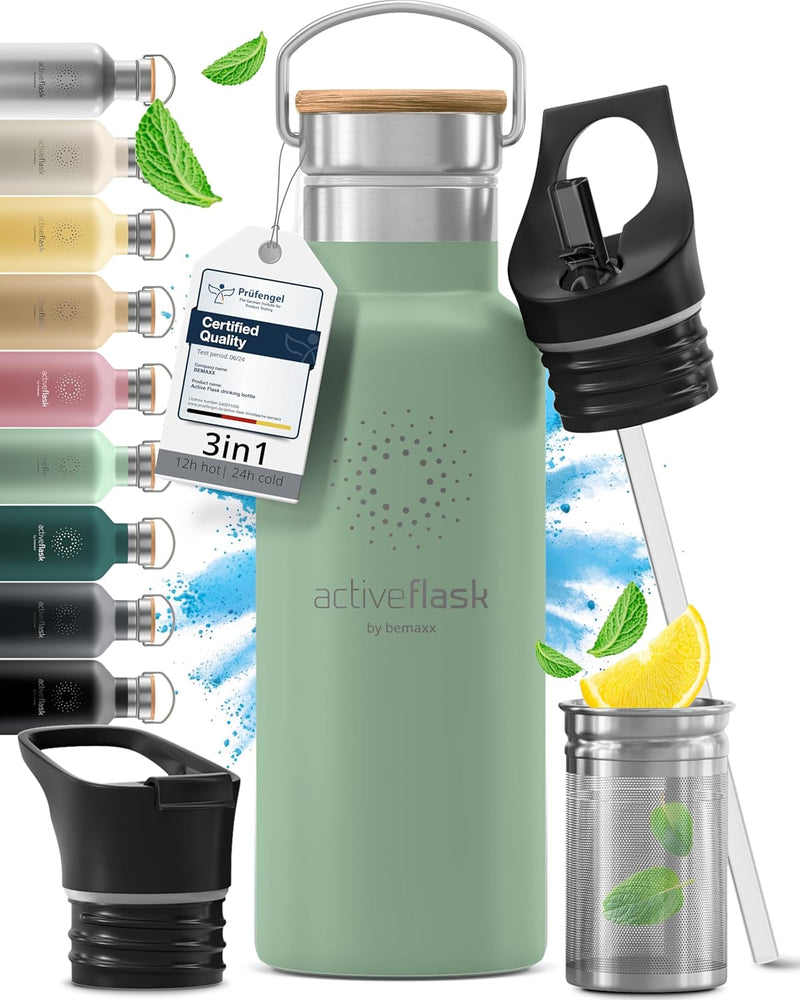 Trinkflasche Edelstahl mit Strohhalm, Infuser + 3 Deckel: BPA-frei, Auslaufsicher, Kohlensäure geeig